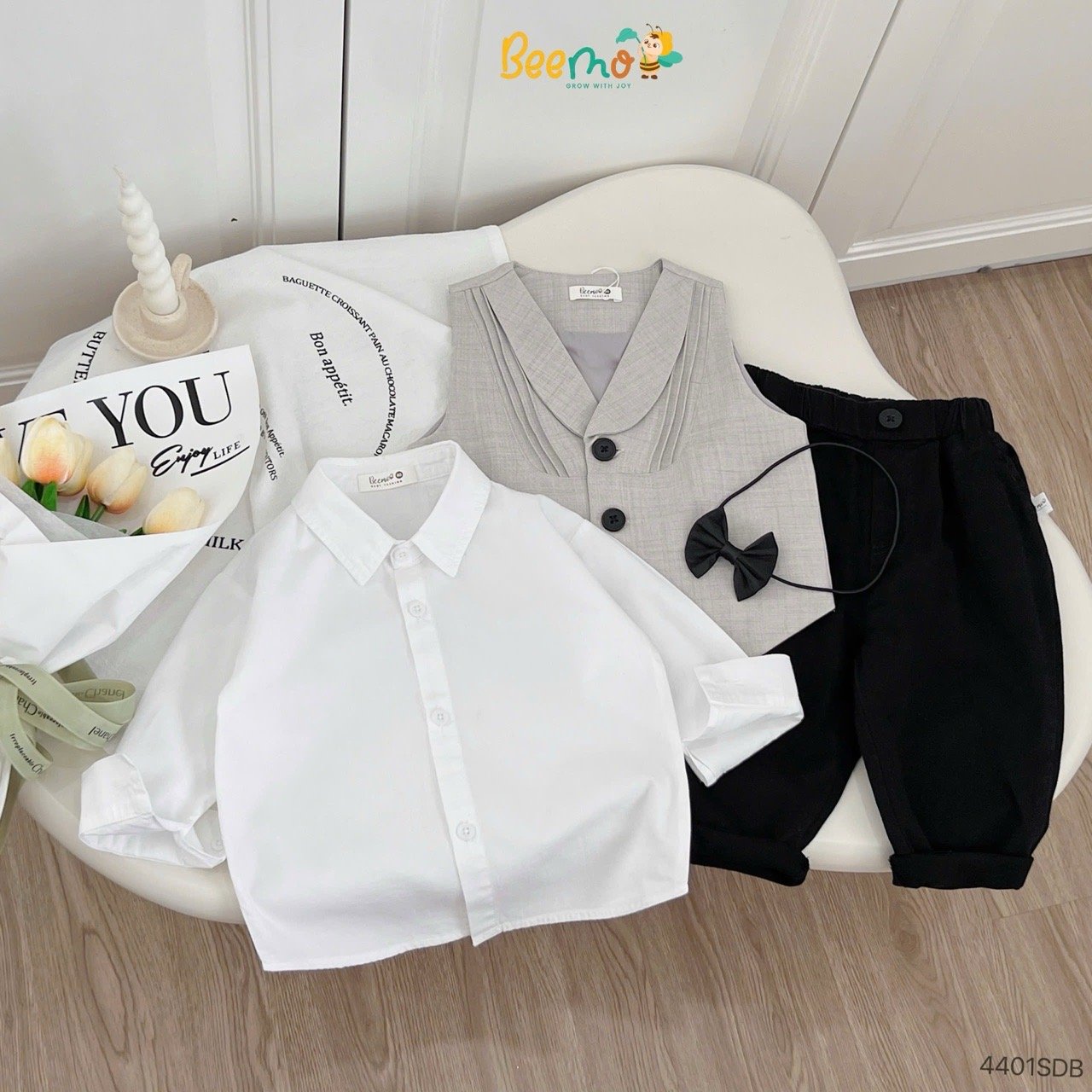 Bộ gile vest 4ct Beemo mặc sự kiện màu be cho bé trai size 80-130
