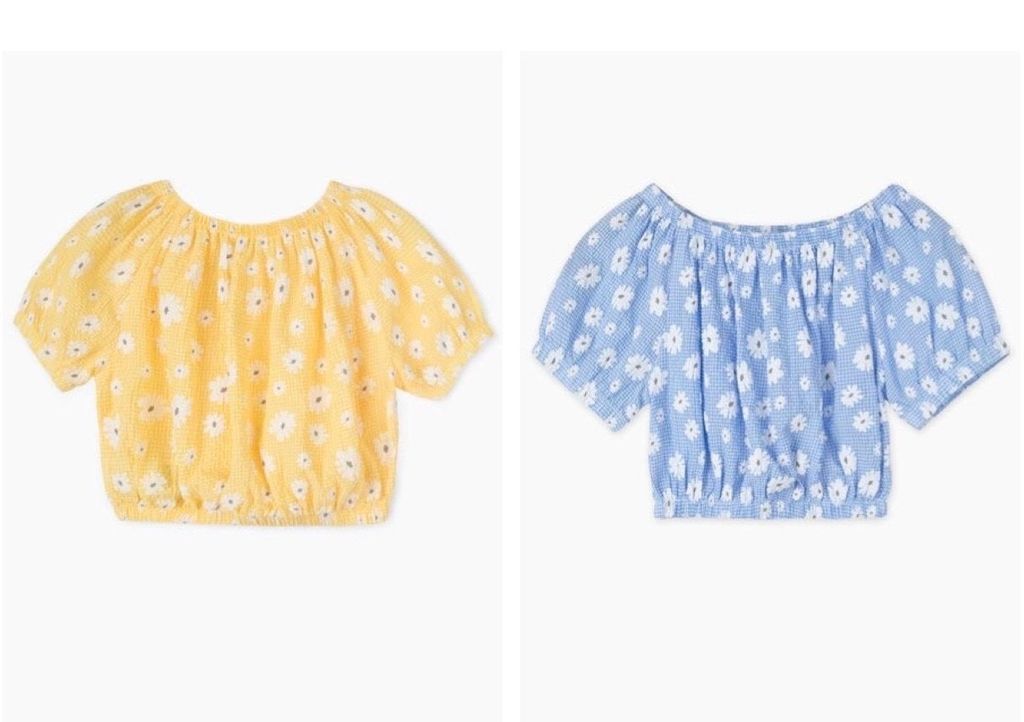 Áo croptop trễ vai bo chun hoa xanh/vàng BG