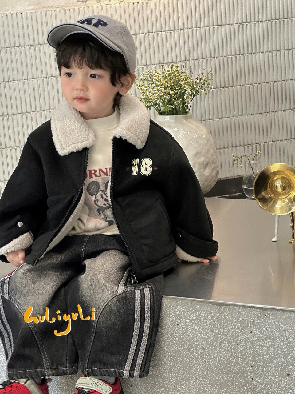 63547 - Áo khoác da cổ phối lông cừu số 18 2 màu đen/nâu bé trai size 90-130