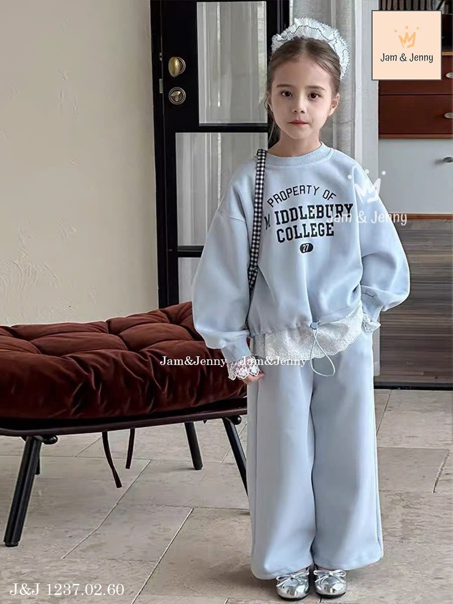 JJ 1237 - Bộ nỉ da cá mỏng Jam & Jenny 2 màu hồng/xanh bé gái size 2-12y