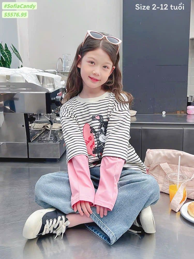 S5576 - Set Sofia Candy áo thun kẻ hình cún nối tay hồng - quần jean xanh size 2 - 12y