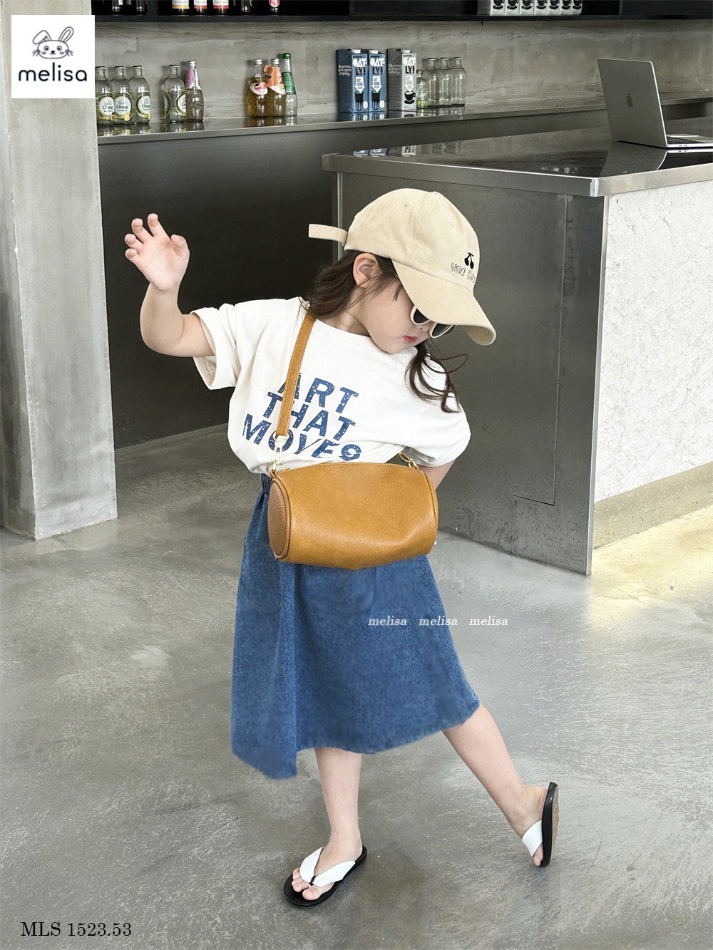 Bộ Melisa áo trắng in chữ + chân váy xanh jean BG size 3-12y