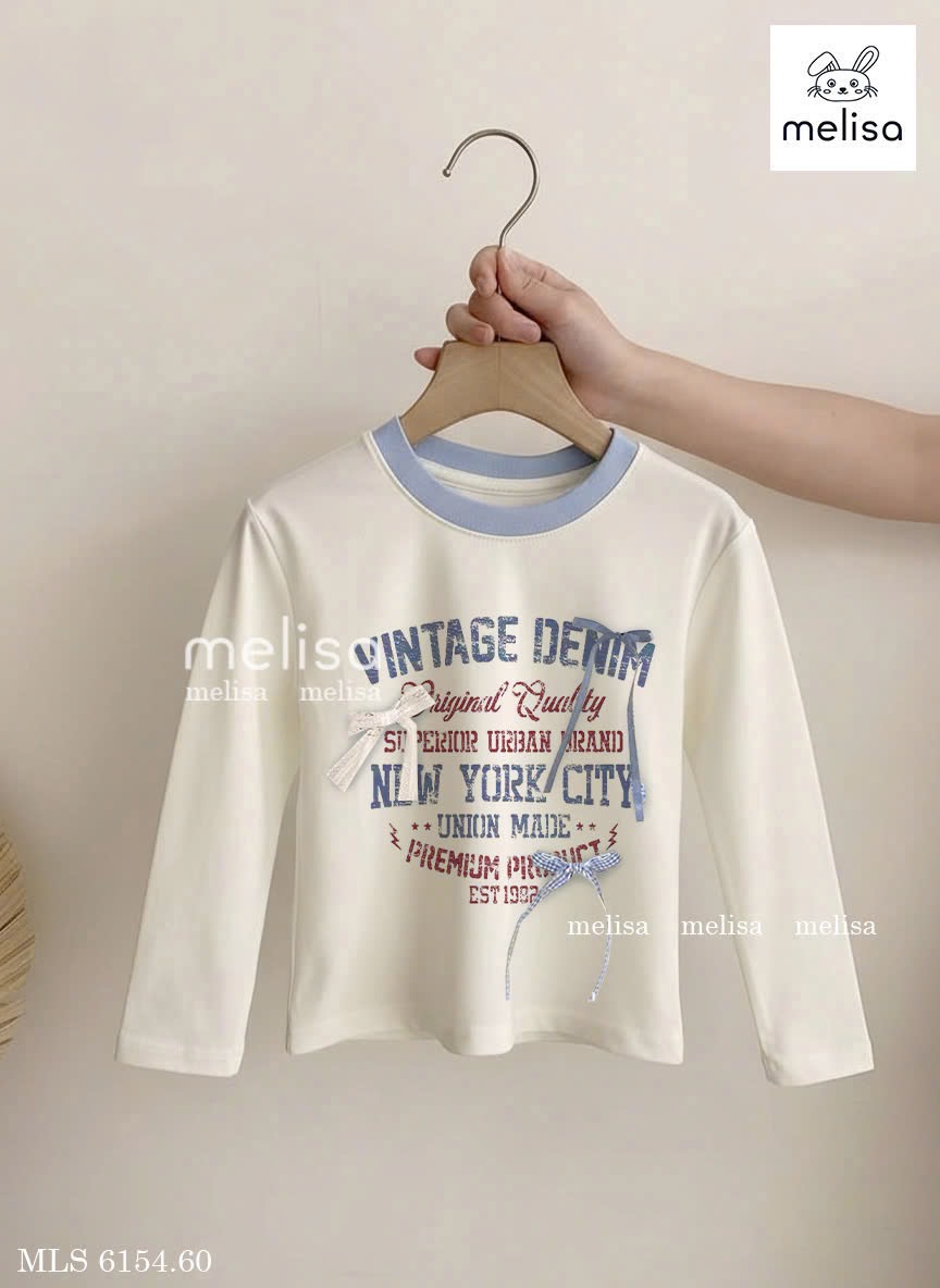 MLS 6154 - Set 3ct Melisa áo dài tay in chữ + chân váy kẻ xanh + dây buộc tóc size 2-12y