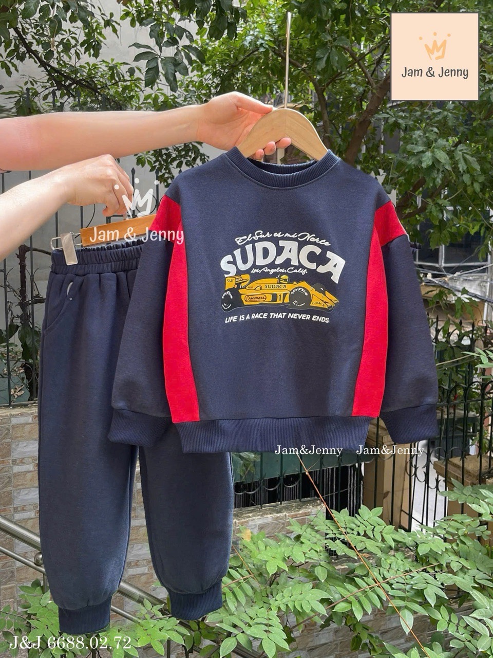 JJ 6688 - Bộ nỉ hai da Jam & Jenny phối sọc hình ô tô xanh than size 2-12y