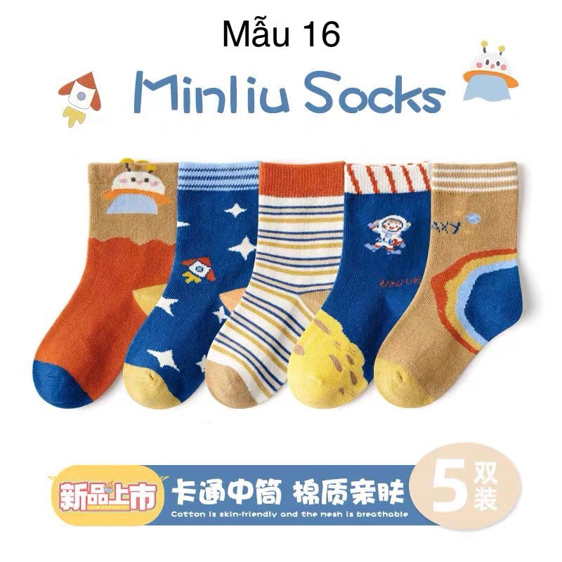 Set 5 tất Minliu Kids Socks nhiều hình Bé Trai size S - XL ( 2 - 12y )