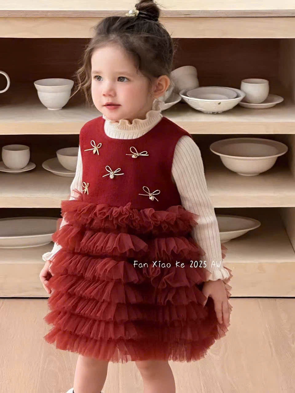 F25109 - Set 2ct QC Fanxiaoke váy đính nơ nhỏ + áo len tăm 2 màu đỏ/hồng size 80-120