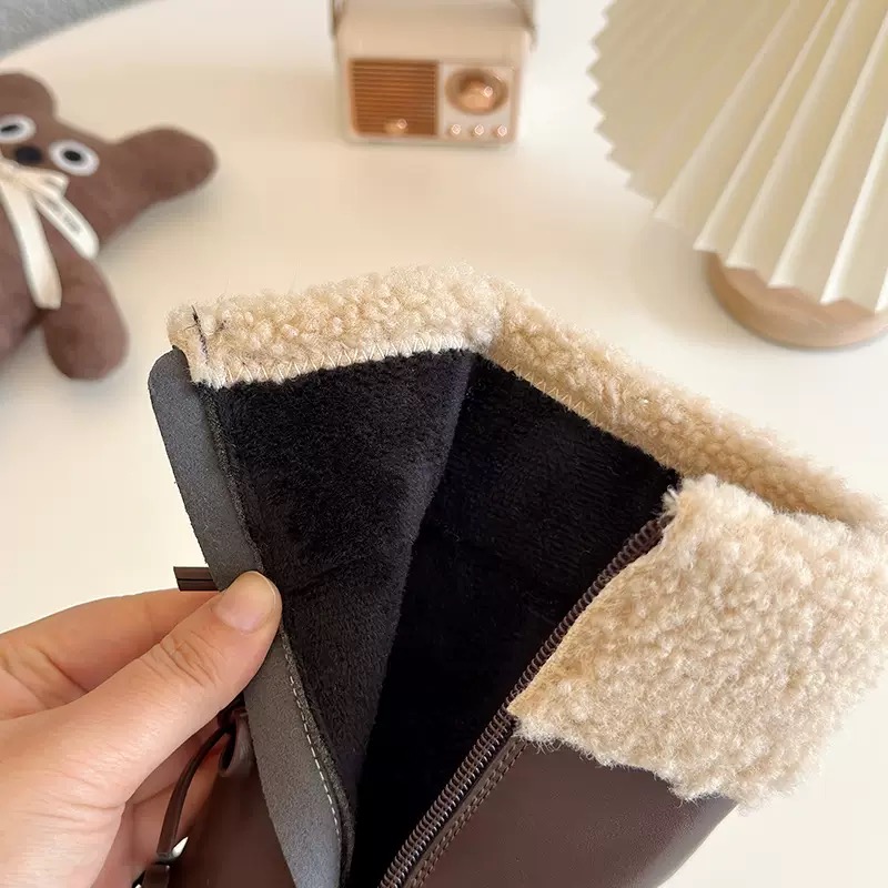 Bốt da cao cổ viền lông đính nơ 2 màu đen/nâu bé gái size 26-36