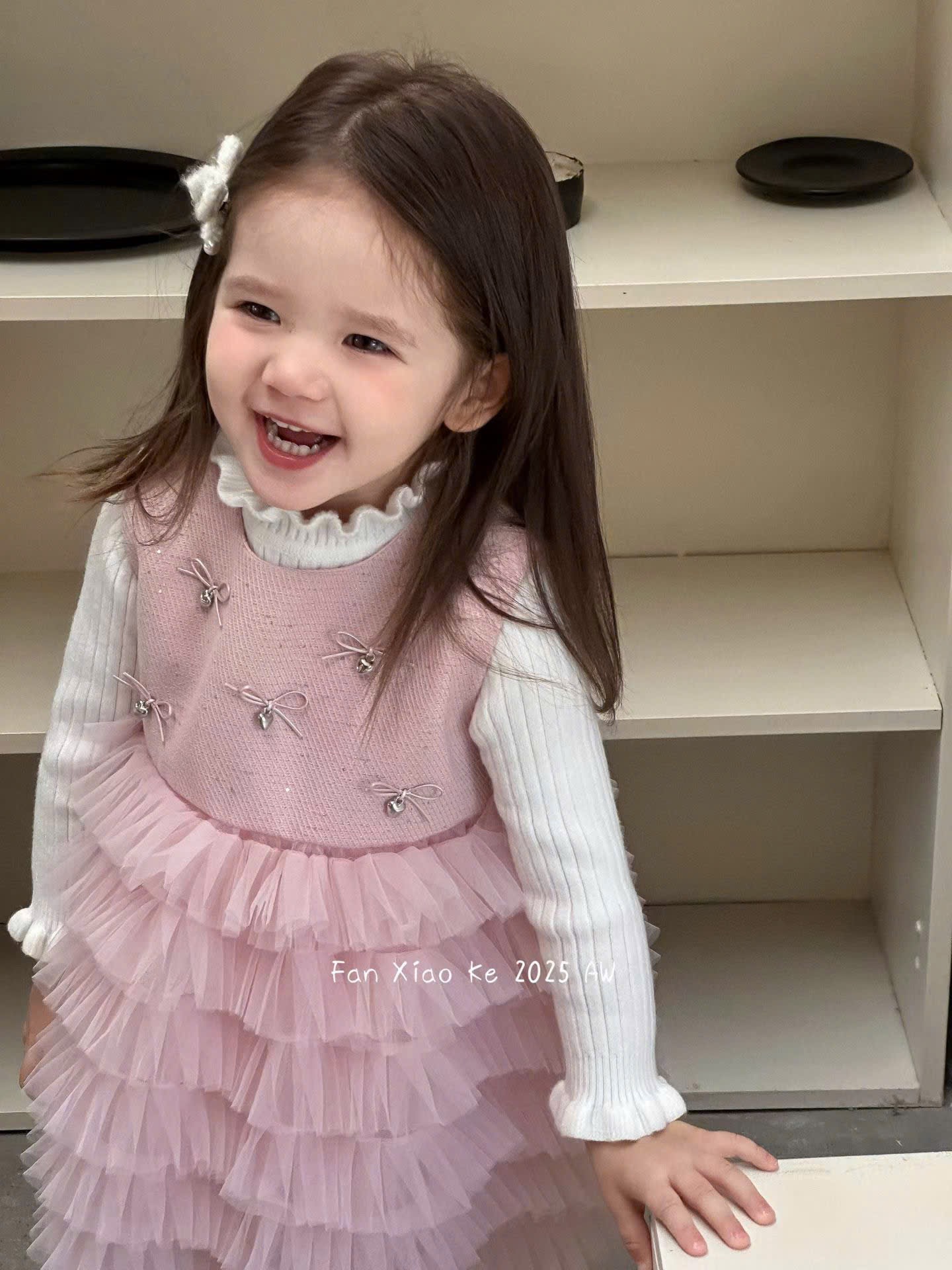 F25109 - Set 2ct QC Fanxiaoke váy đính nơ nhỏ + áo len tăm 2 màu đỏ/hồng size 80-120