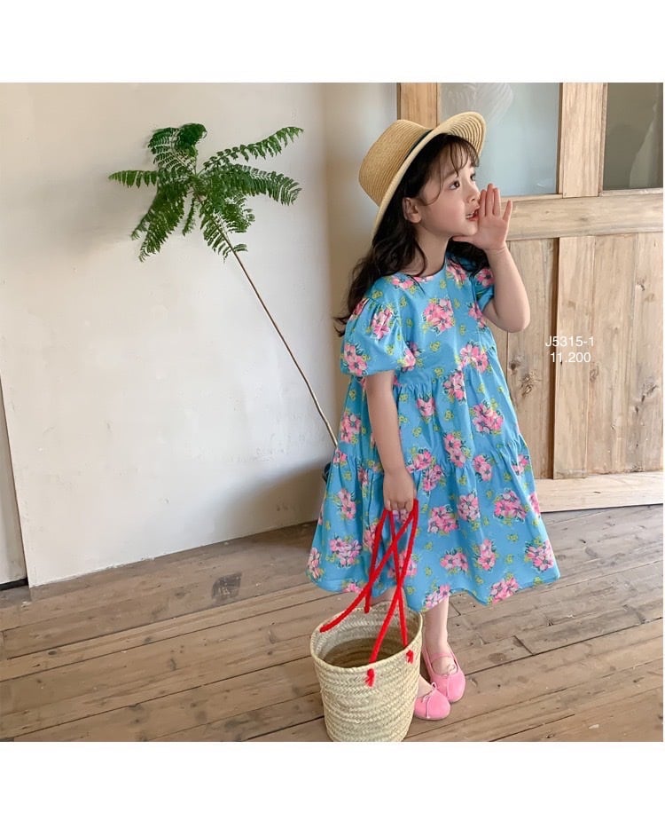 V00026 - Váy thô June xếp tầng tay bồng 2 màu hoa size 1 - 10y