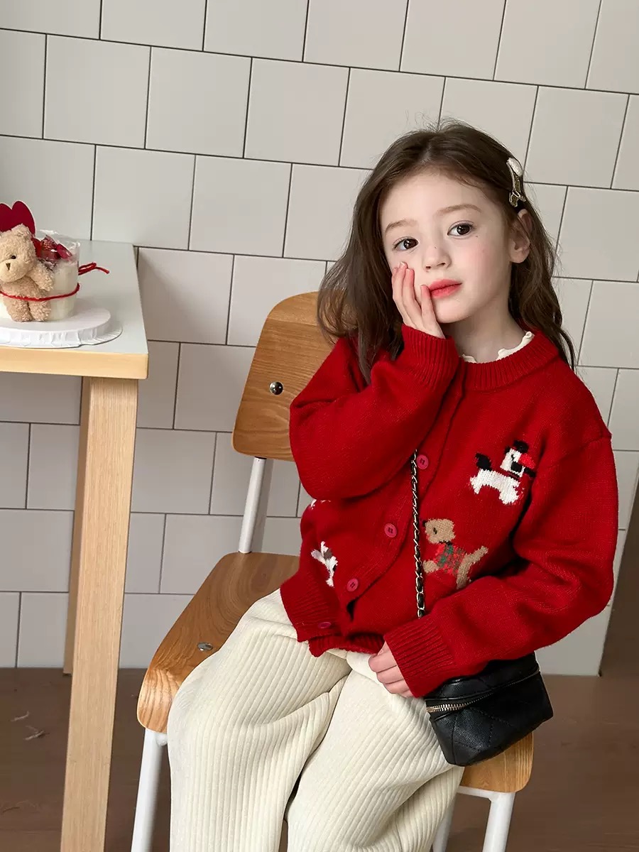 Cardigan len AMBB hoạ tiết cún 2 màu đỏ/kem bé gái size 90-160