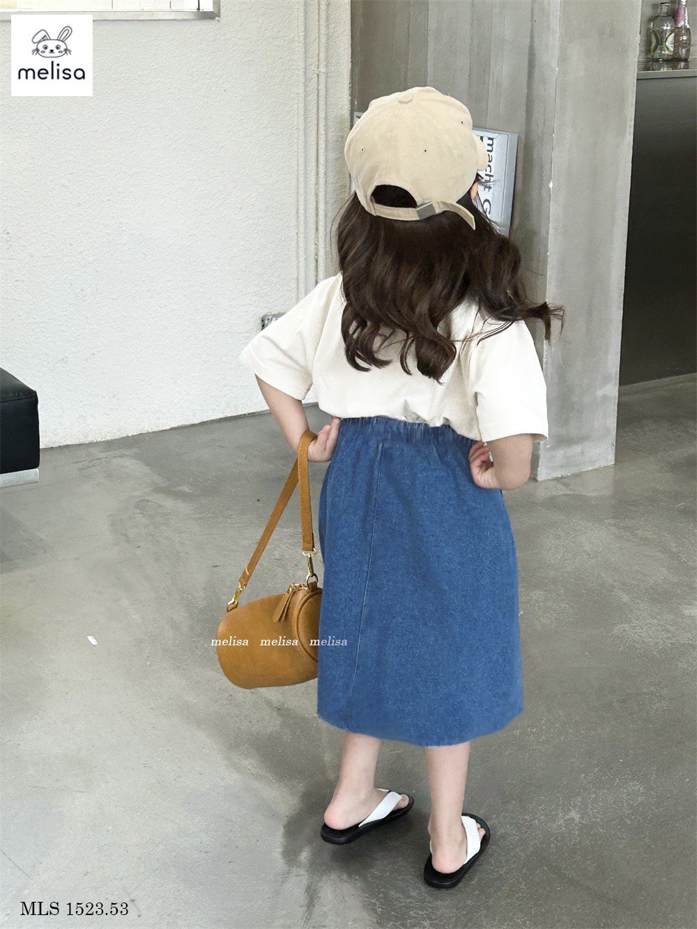 Bộ Melisa áo trắng in chữ + chân váy xanh jean BG size 3-12y