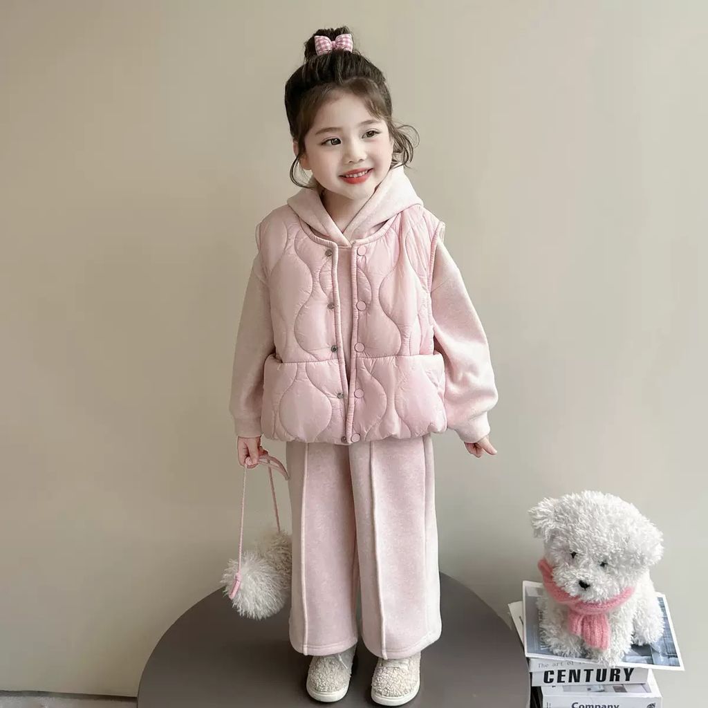 51056 - Set 3ct Roubao bộ nỉ hoodie + gile phao bé gái size 90-130
