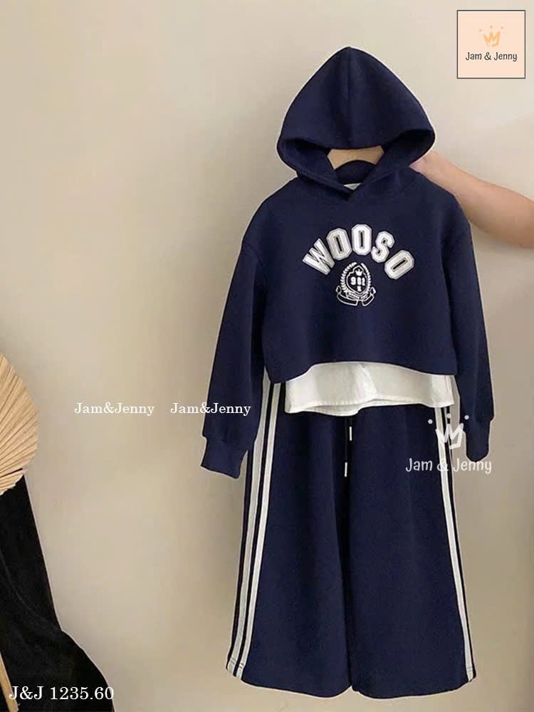 JJ 1235 - Bộ nỉ Jam & jenny hoodie WooSo xanh phối vạt trắng size 2-12y