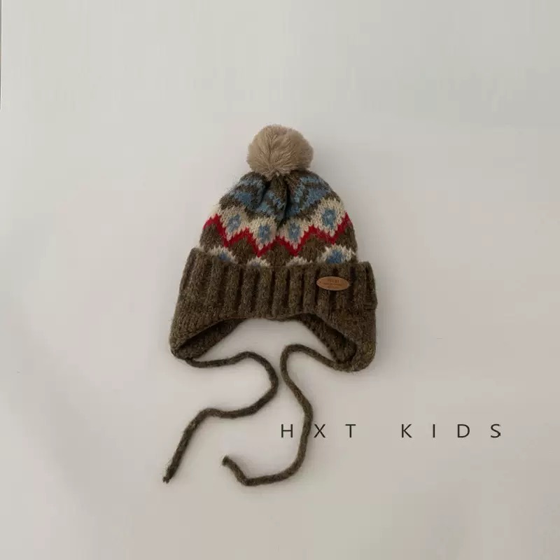Mũ len chùm tai cục bông họa tiết thổ cẩm cho bé size 47-52cm
