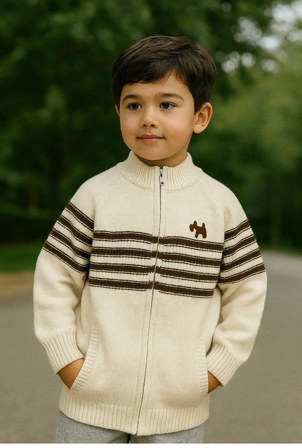 Áo khoác cardigan len QC kẻ sọc thêu cún nhiều màu cho bé trai size 110-150