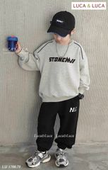 LU 1700 - Bộ nỉ Luca áo ghi in chữ 2 mặt + quần đen size 2-12y
