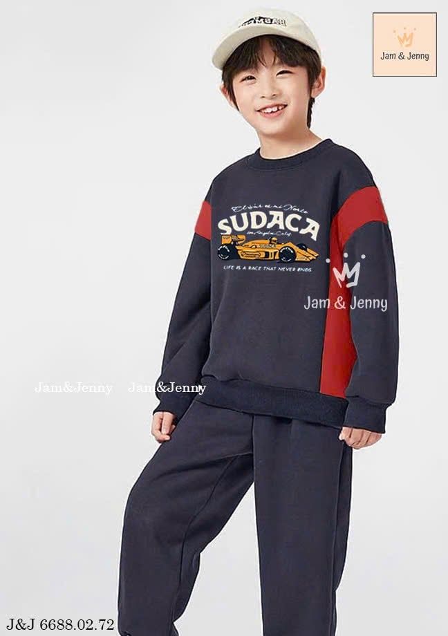 JJ 6688 - Bộ nỉ hai da Jam & Jenny phối sọc hình ô tô xanh than size 2-12y