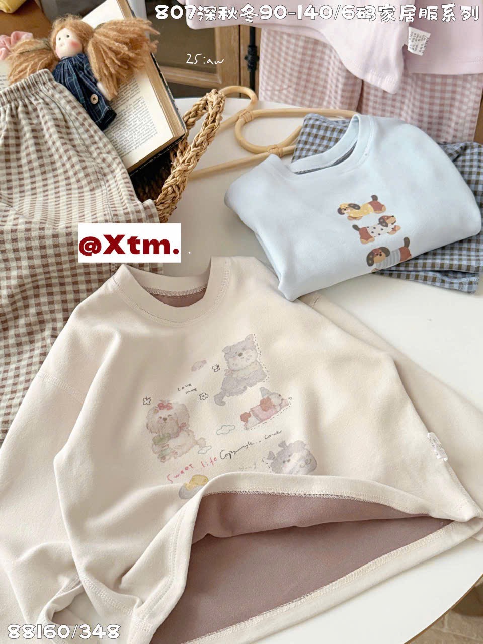 88160 - Bộ nỉ dày đại hàn LNX màu be hình cún - quần kẻ size 90 - 140