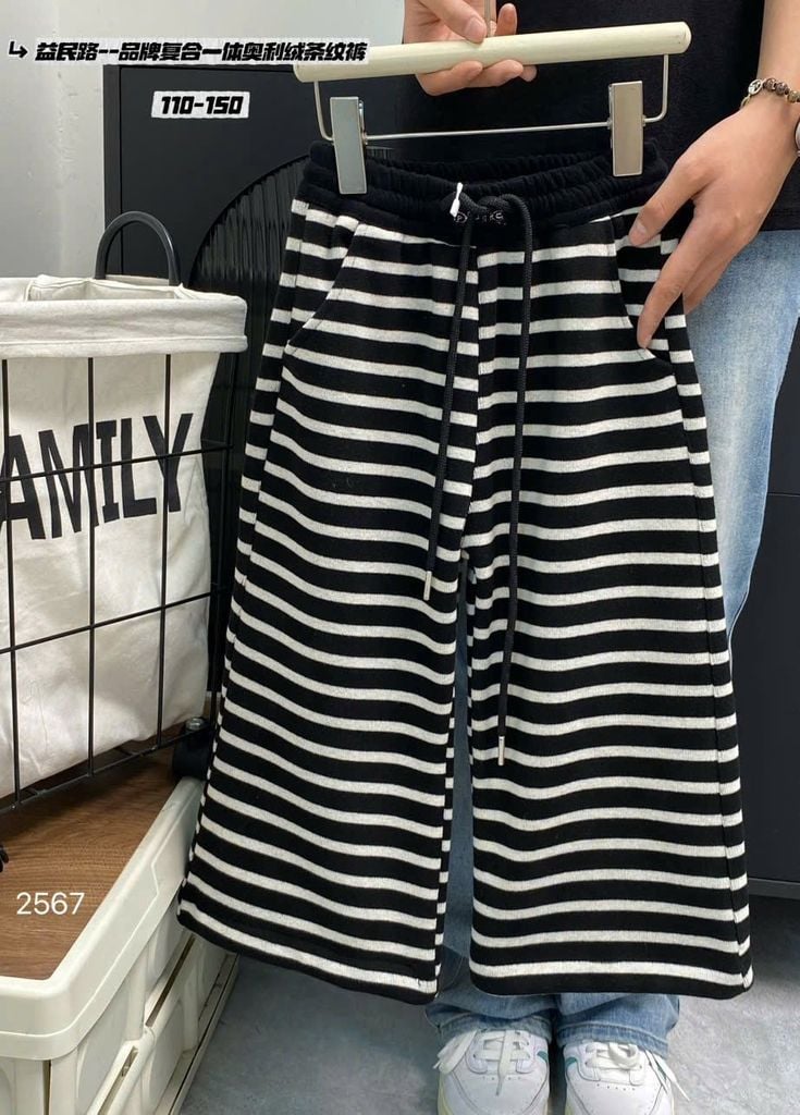 Quần nỉ kẻ QC lót nỉ đại hàn ống suông nhiều màu cho bé size 100-140