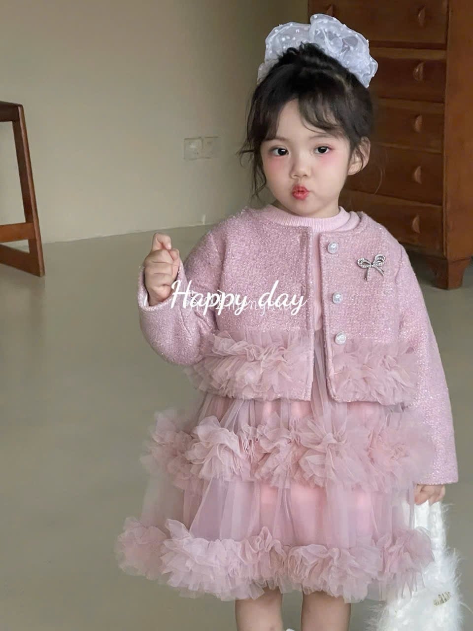 B25066 - Set áo khoác dạ + váy công chúa màu hồng cho bé size 90-130