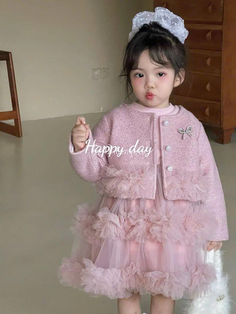 B25066 - Set áo khoác dạ + váy công chúa màu hồng cho bé size 90-130