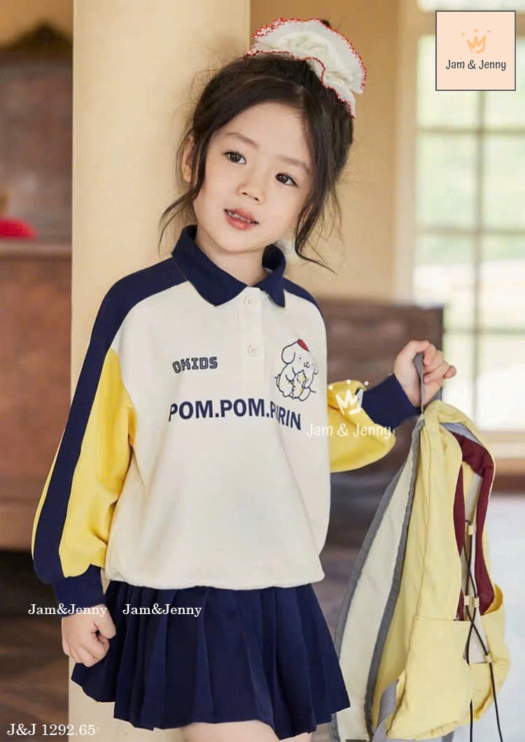 JJ 1292 - Bộ Jam & Jenny áo polo phối tay in chữ Pompompurin + chân váy size 2-12y