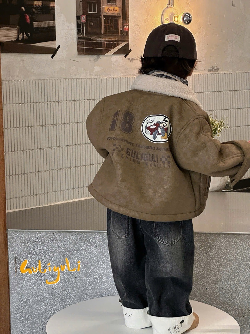 63547 - Áo khoác da cổ phối lông cừu số 18 2 màu đen/nâu bé trai size 90-130