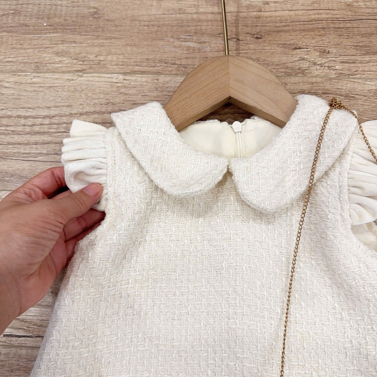 S93 Tiny Winy - Váy dạ phối tay bèo màu kem viền bèo gấu + túi nơ size 1-10y