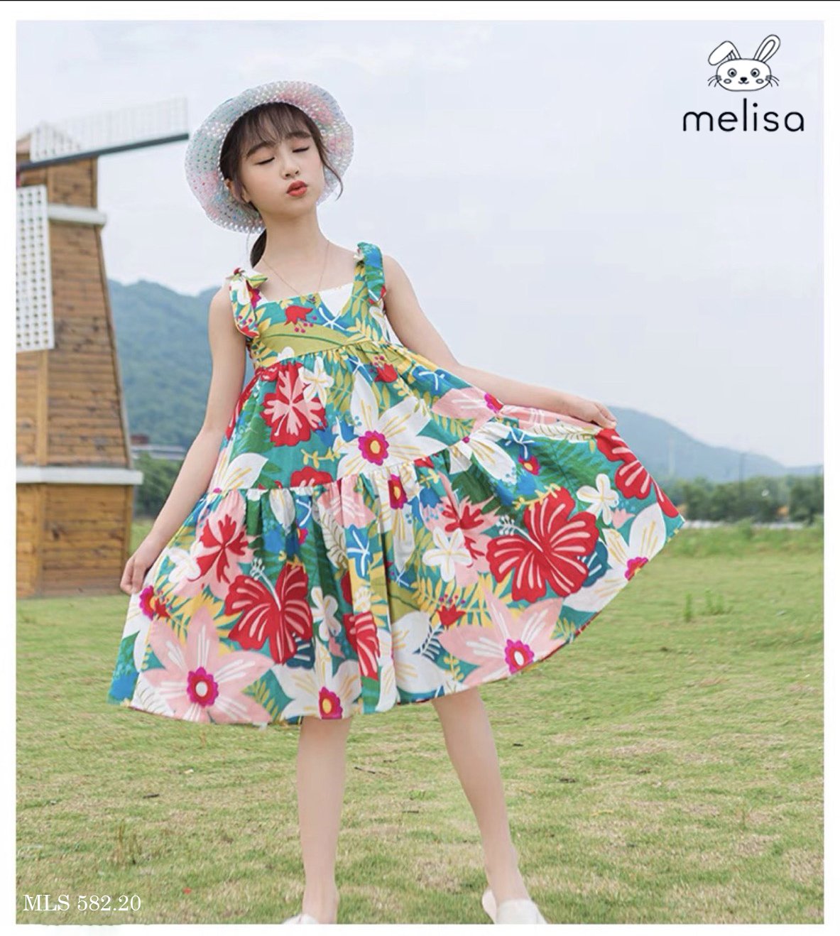 V00005 - Váy thô hai dây nơ vai Melisa hoa sắc màu size 2 - 11y