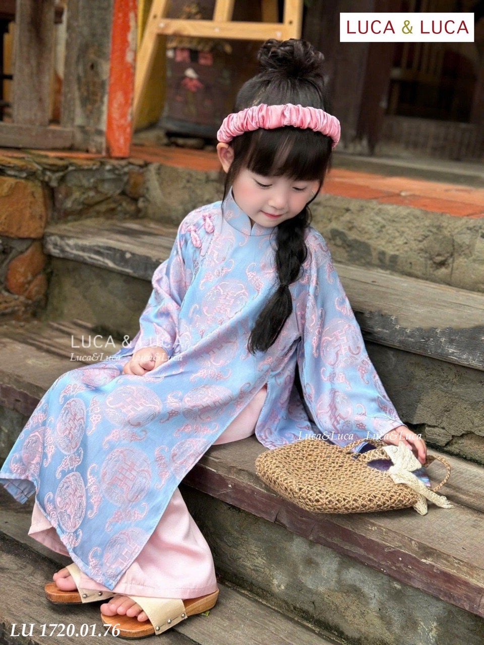 LU 1720 - Set áo dài LUCA gấm quần lụa 2 màu đỏ/xanh bé gái size 2-12y