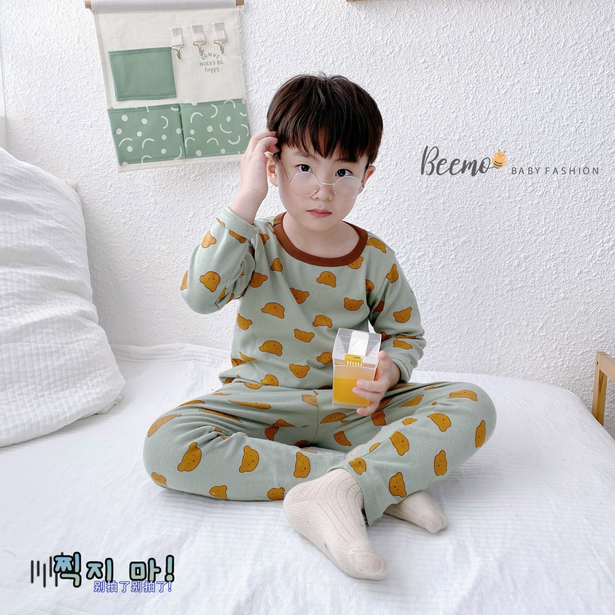 Bộ cotton Beemo hình mặt gấu in tràn 3 màu size 80 - 130