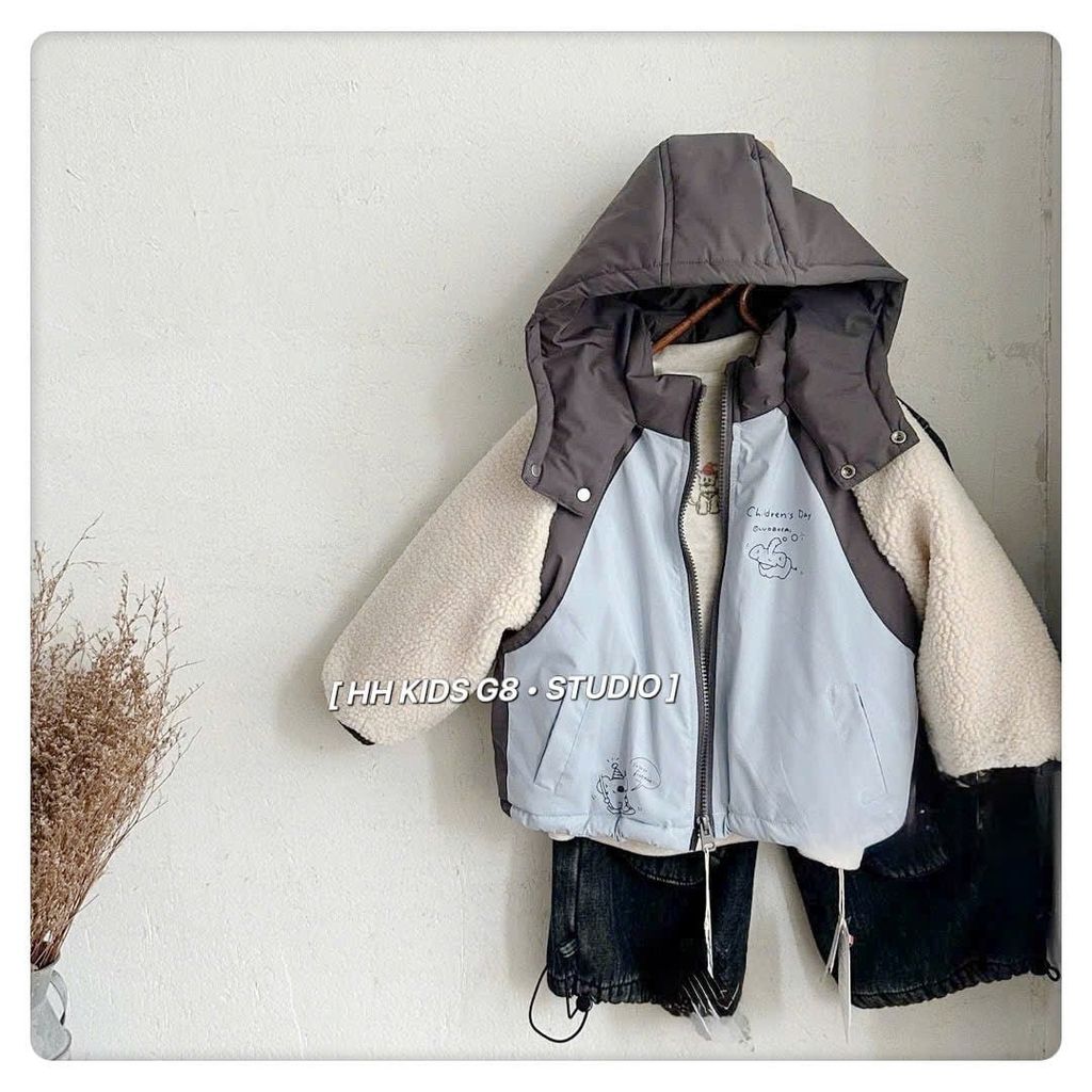 M5381 - Áo khoác phao màu xanh tay lông cừu bé trai size 90-130