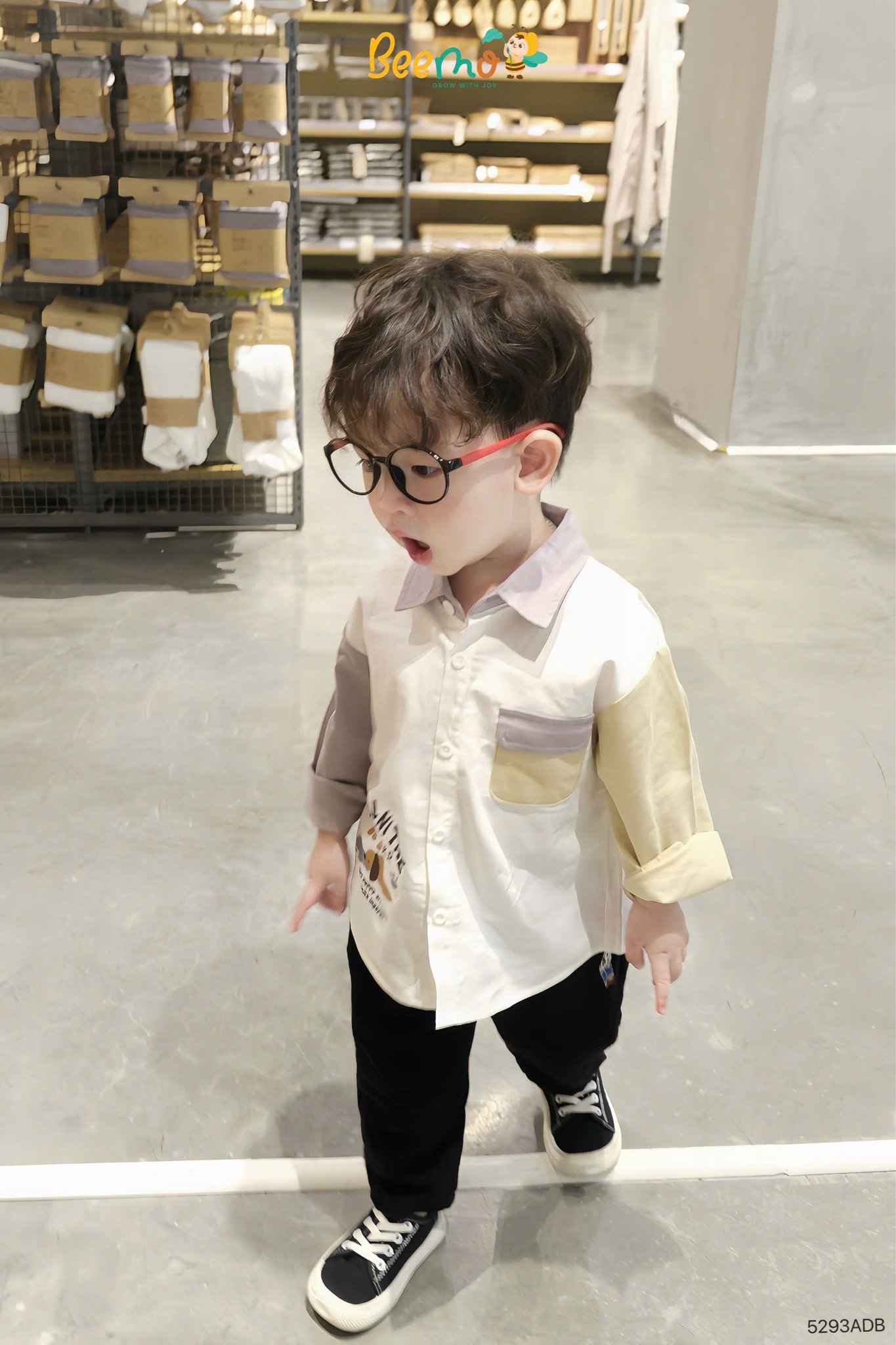 Áo sơ mi Beemo phối tay 2 màu cho bé trai size 1-6y