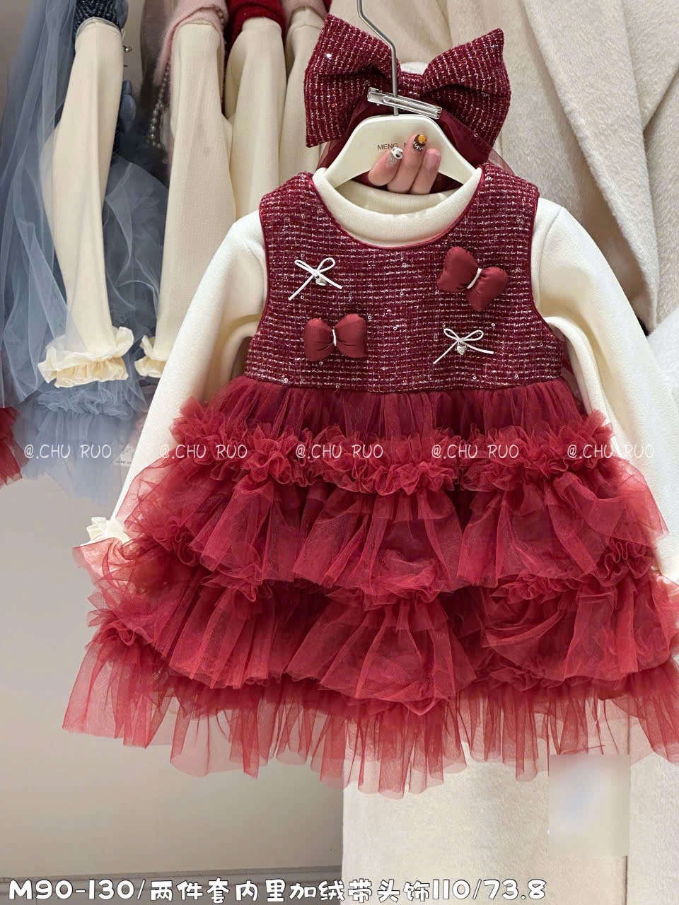 B25110 - Set áo len + váy dạ đính nơ màu đỏ chân váy tutu bé gái size 90-130