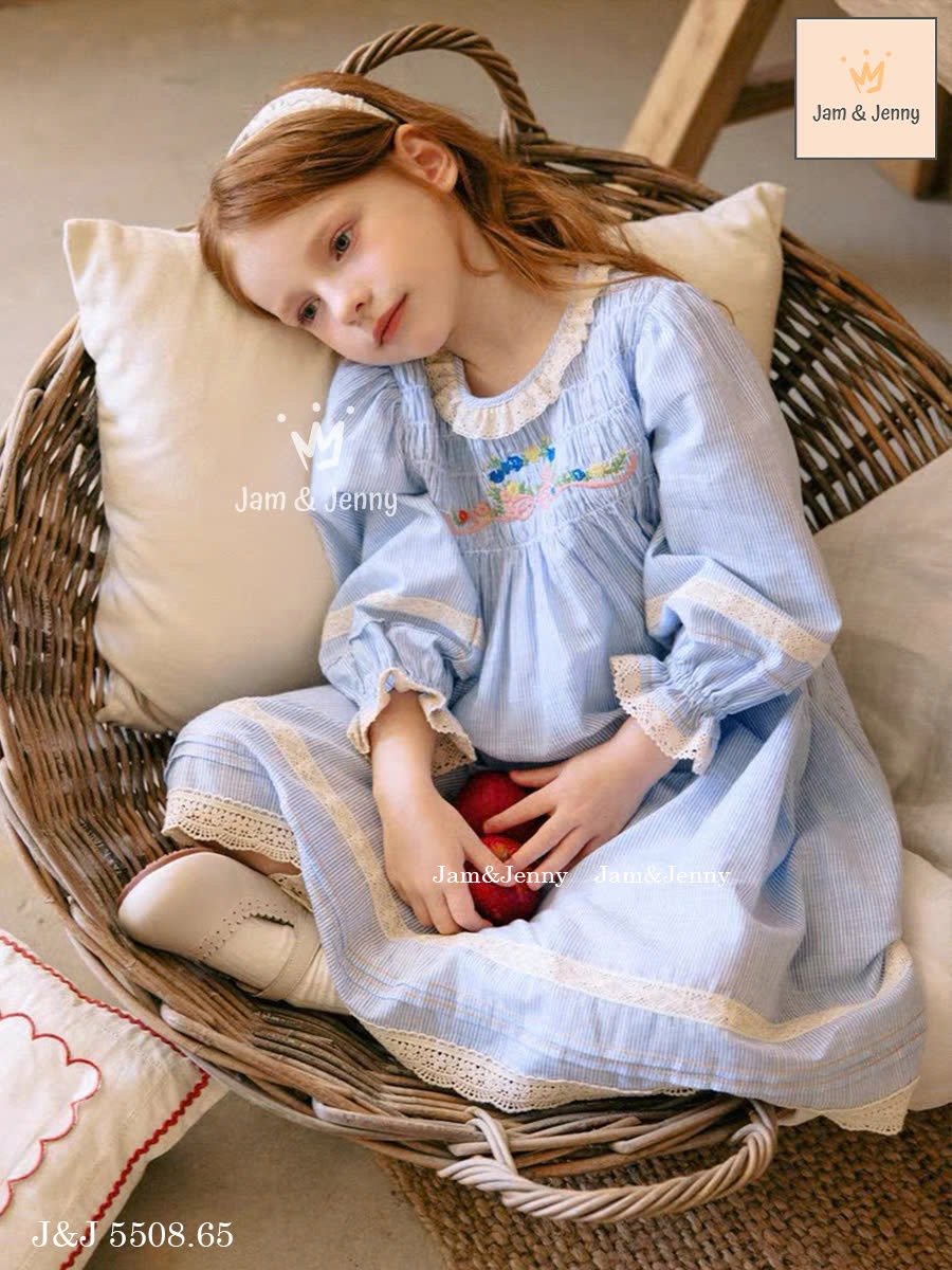 J5508 - Váy thô Jam&Jenny kẻ sọc xanh trắng thêu hoa ngực cổ ren size 2 - 12y