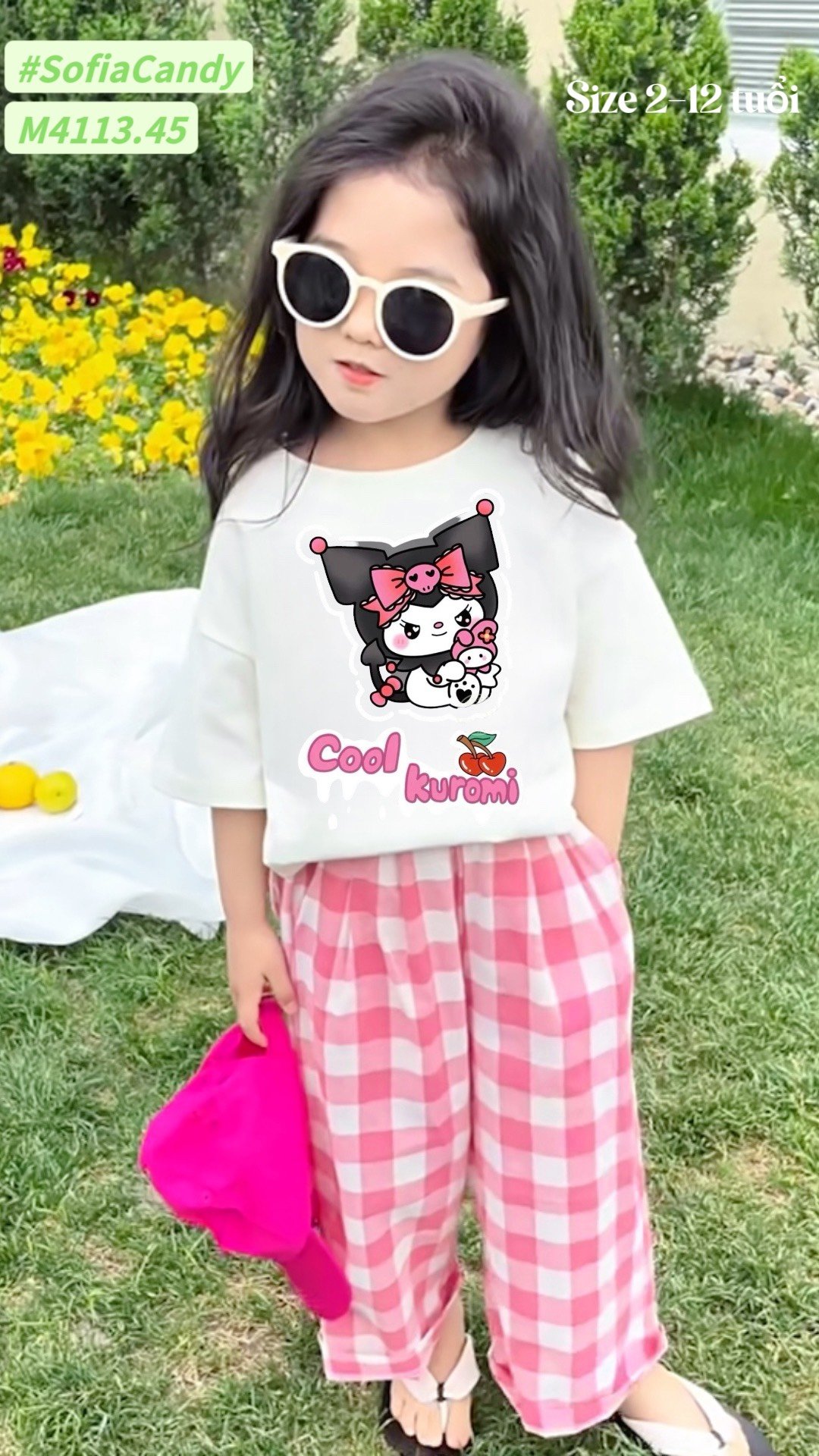 Set bộ Mia Kid áo cotton trắng + quần kẻ hồng BG size 2-12y