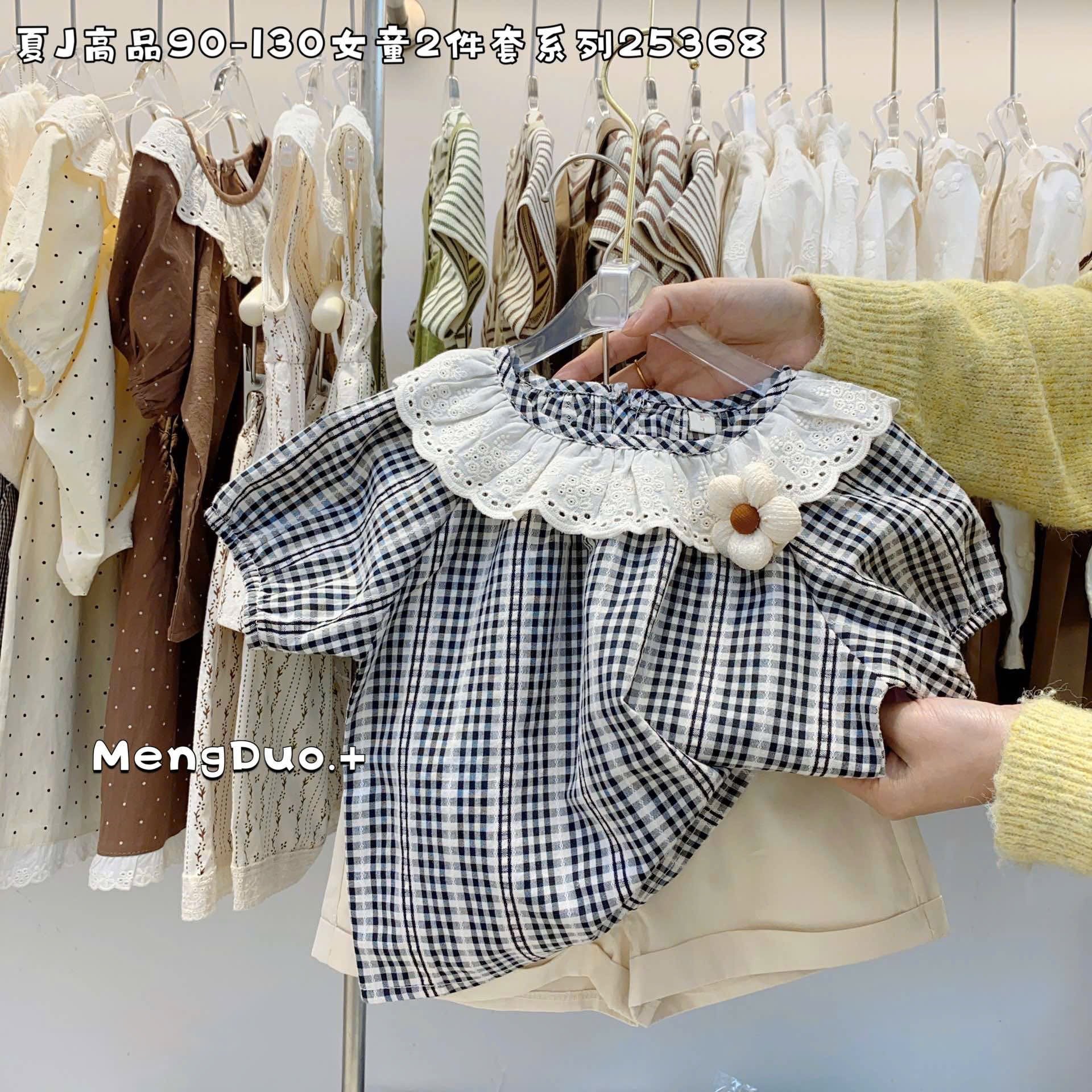 Bộ thô QC áo caro cổ ren trắng + quần short kaki 3 màu bé gái size 90-130