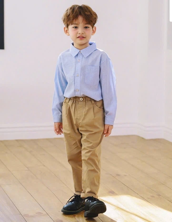 Áo sơ mi thô Toto Heros kẻ sọc xanh trắng size 100 - 150