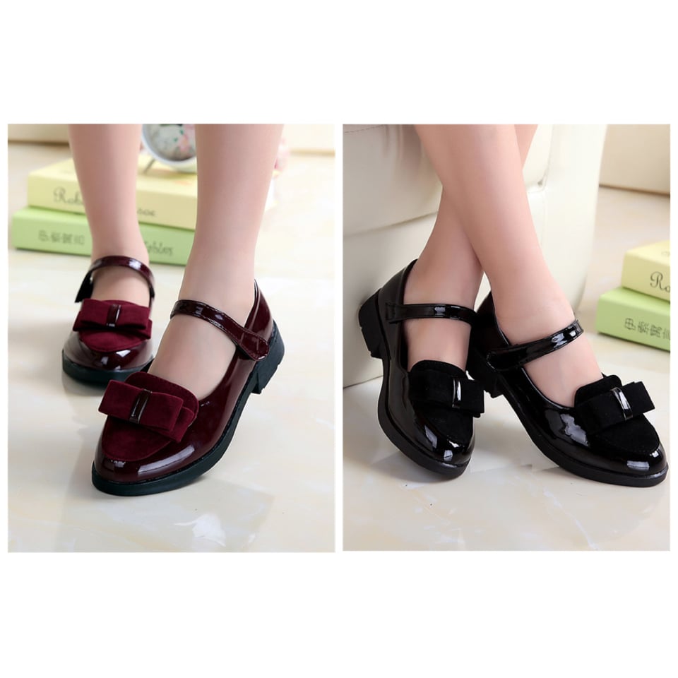 M06 - Giày búp bê da bóng nơ nhung 2 màu đỏ mận / đen size 27 - 38