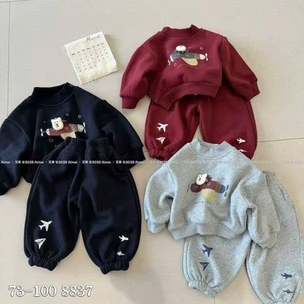 8837 - Bộ nỉ lót nỉ QCCC máy bay 2 màu ghi/đỏ bé trai size 73-100