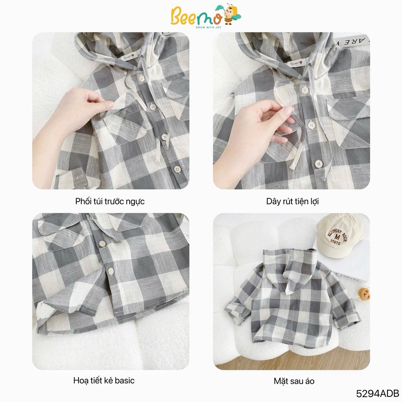 Áo sơ mi Beemo kẻ caro liền mũ 2 màu cho bé size 1-6y