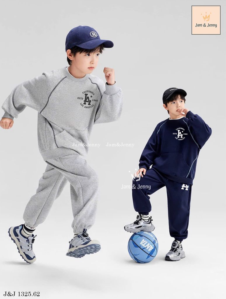 JJ 1325 - Bộ nỉ da cá Jam & Jenny 2 màu ghi/navy cho bé size 2-12y