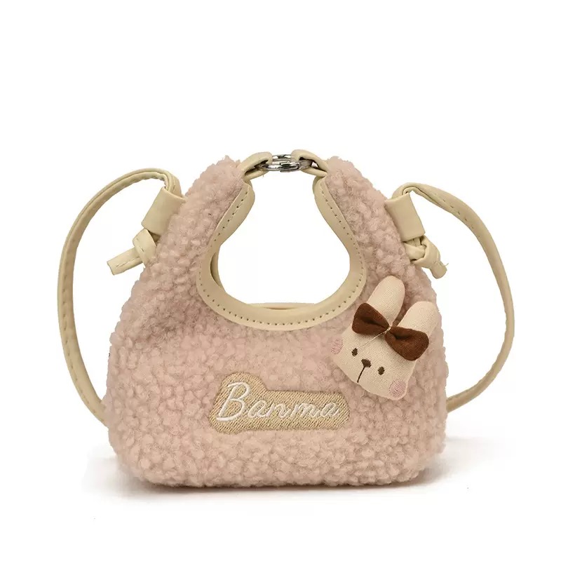 Túi xách lông cùn mini hình bán nguyệt đính thỏ cho bé