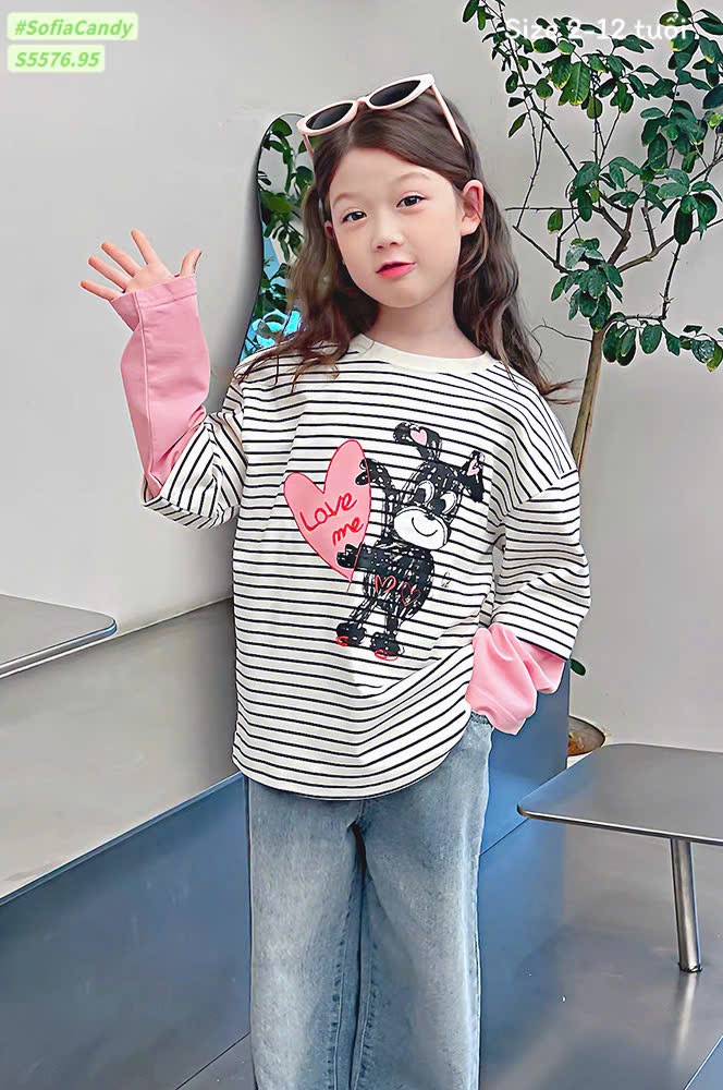 S5576 - Set Sofia Candy áo thun kẻ hình cún nối tay hồng - quần jean xanh size 2 - 12y
