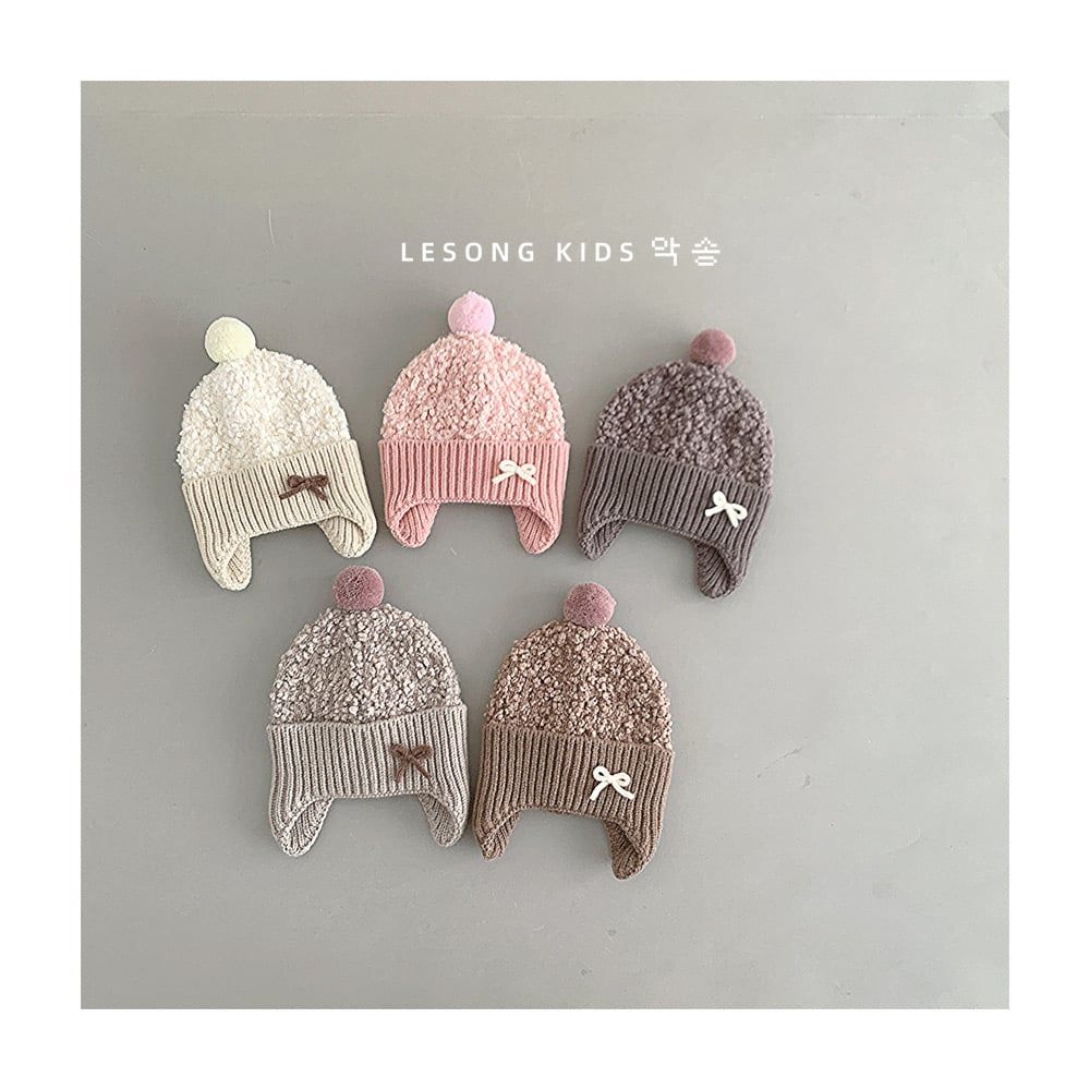 Mũ len trùm tai đính nơ nhiều màu cho bé size 1-4y