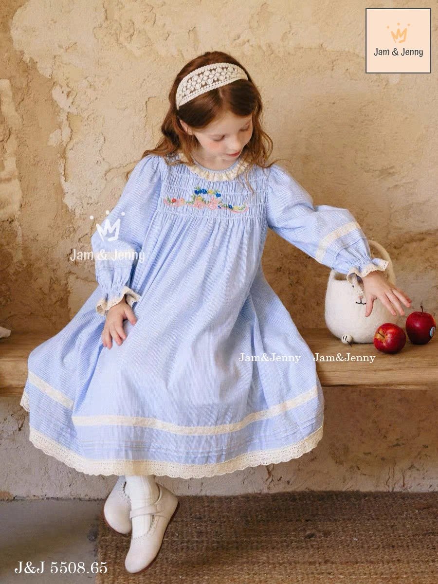 J5508 - Váy thô Jam&Jenny kẻ sọc xanh trắng thêu hoa ngực cổ ren size 2 - 12y