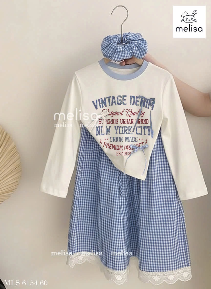 MLS 6154 - Set 3ct Melisa áo dài tay in chữ + chân váy kẻ xanh + dây buộc tóc size 2-12y