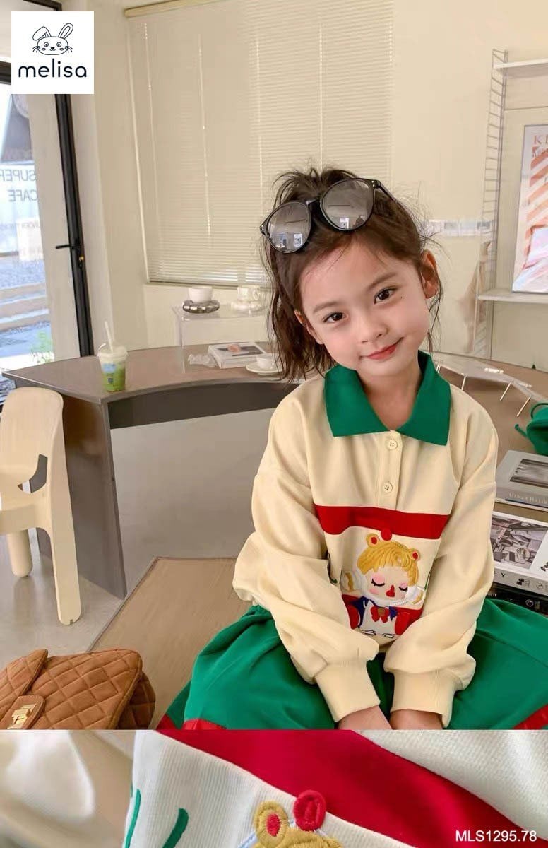 Set da cá Melisa áo kem phối xanh lá Well Hope + chân váy xanh lá size 2 - 12y