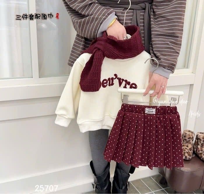 Set 3ct áo nỉ Oeuvre + chân váy chấm bi + khăn bé gái size 100-140