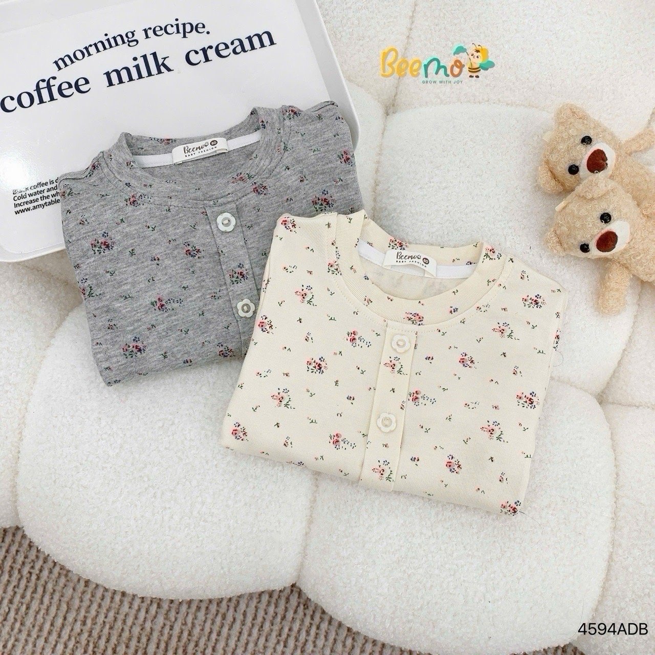 Áo thun Beemo hoa nhí 2 màu kem/ghi bé gái size 80-130